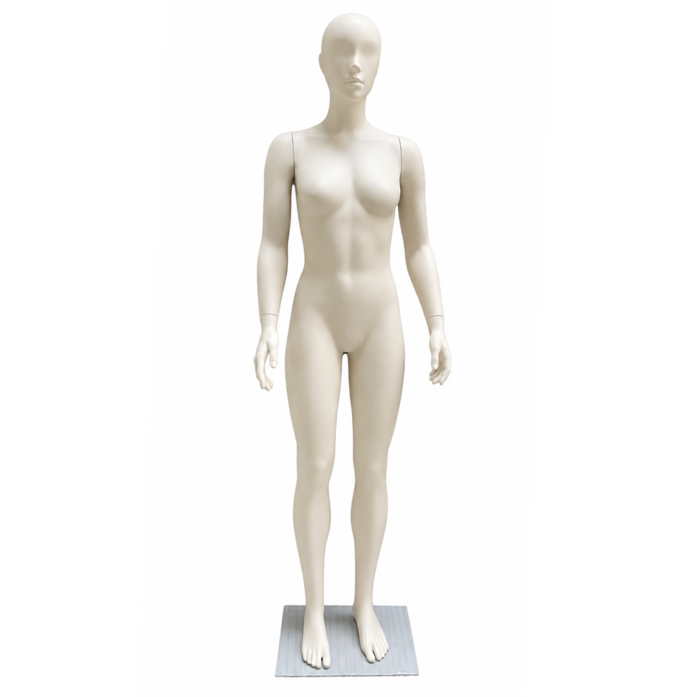 Maniquie de dama mod.parado recto,fibra de vidrio color vainilla, base de acero inoxidable cepillada