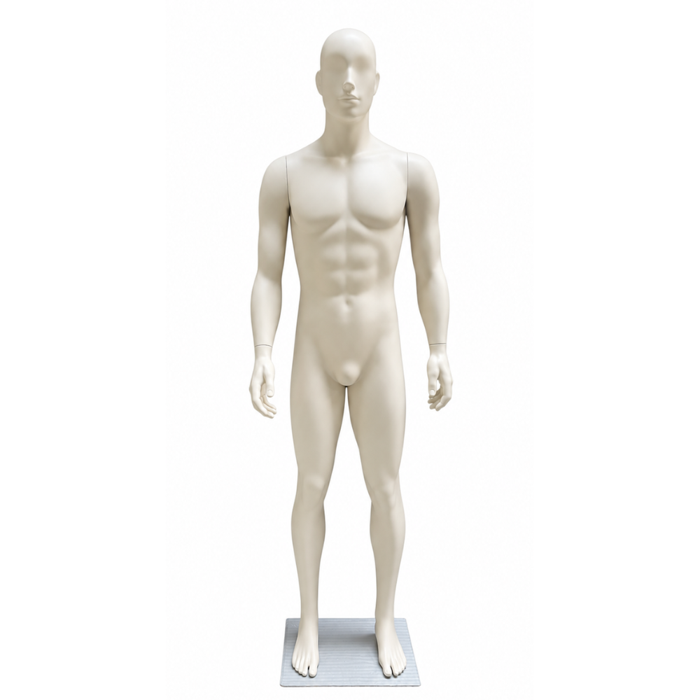 Maniquie de caballero mod.parado recto,fibra de vidrio color vainilla, base de acero inoxidable cepillada