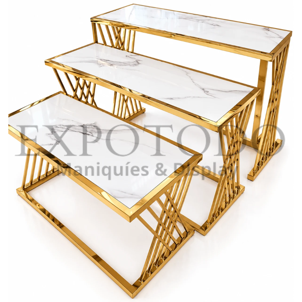 Set de 3 Mesas Escalonadas en Cromo Oro con Cubierta Efecto Mármol - Expo Todo